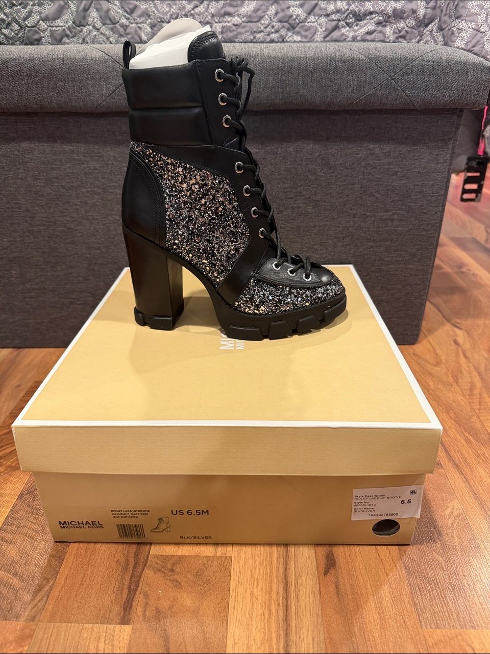 Michael Kors Black and Silver Glitter Lace-Up Block Heel Ankle Boots